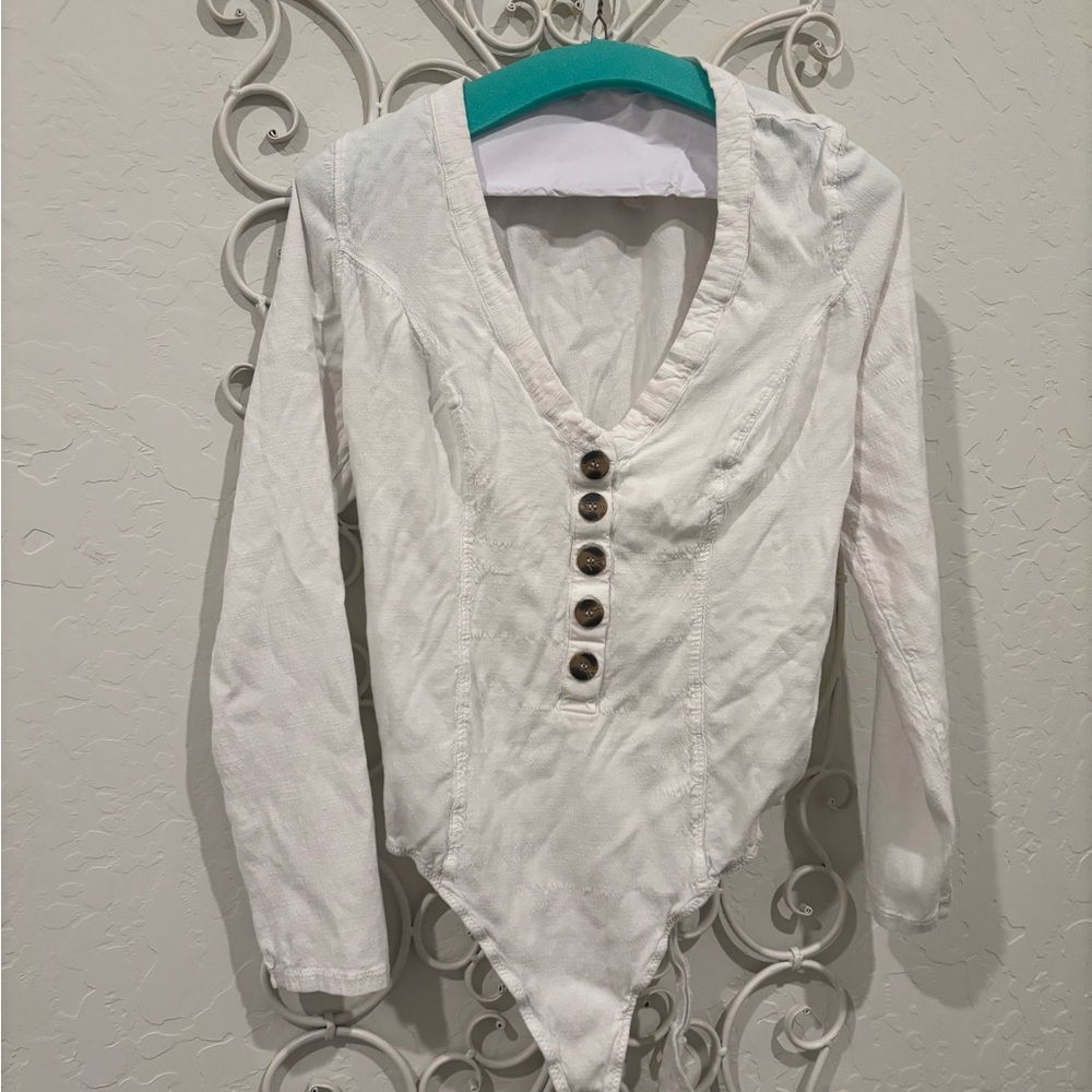 Free People White Long Sleeve Bodysuit